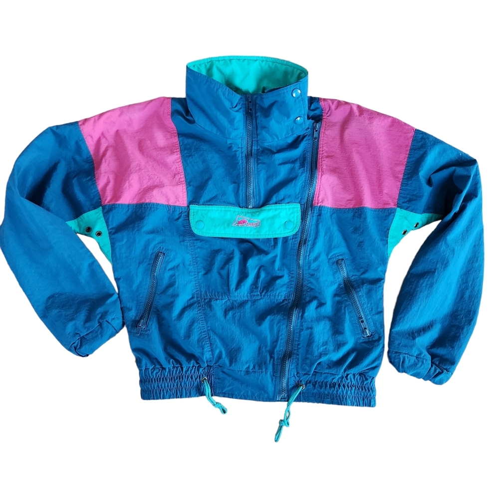 Karhu Color Block Pink, Blue, Aqua Full Zip Lined Windbreaker Youth Size 12